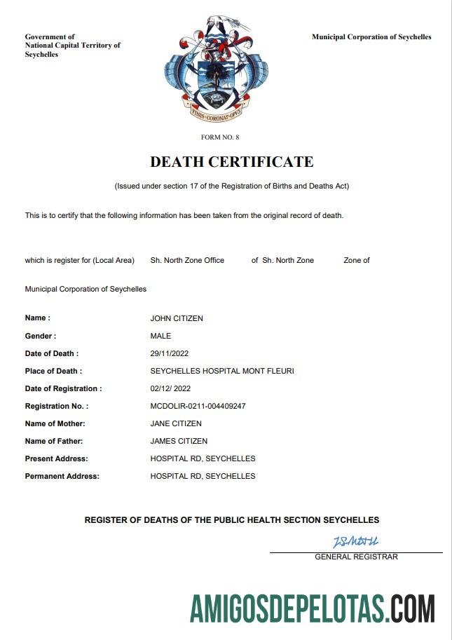 Realista modelo Word e PDF de certidão de óbito de registro vital de Seychelles
